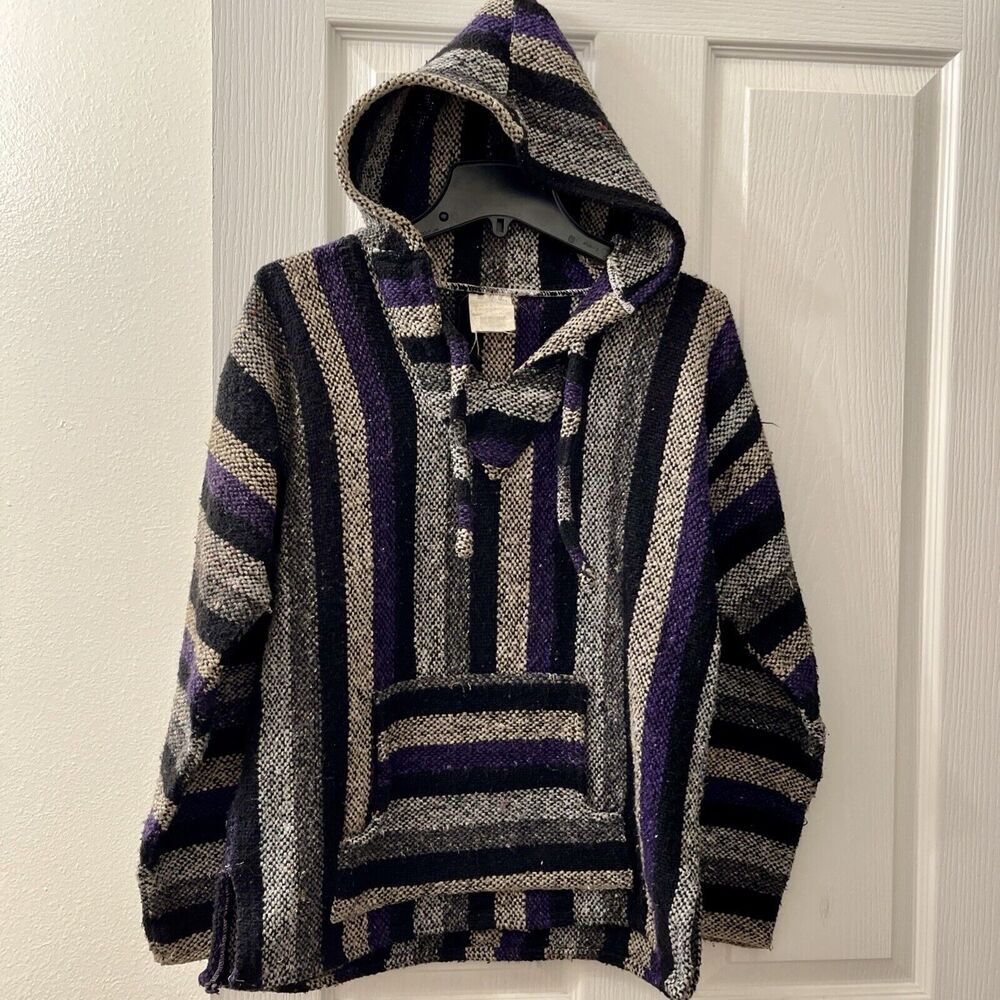 Vtg Baja Jacket L SDC Purple Striped‎ Pullover Drug Rug Hoodie Skater Surfer Y2K